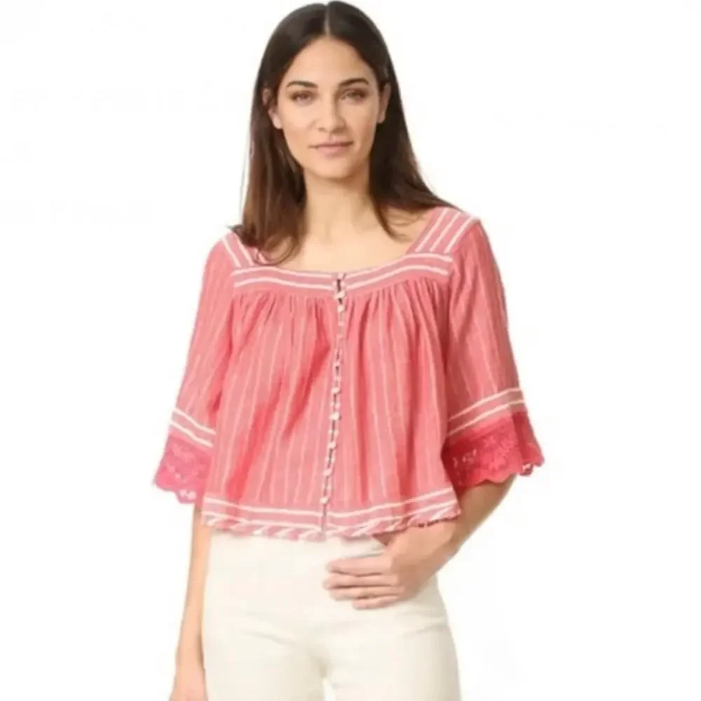 Free People See Saw Red Striped Raw Hem Top Sz Small